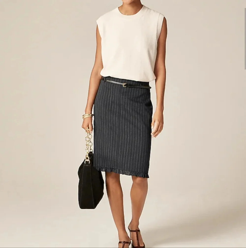 J Crew Ruffle-trim pencil midi skirt in pinstripe wool blend CO017 Size 2 Gray